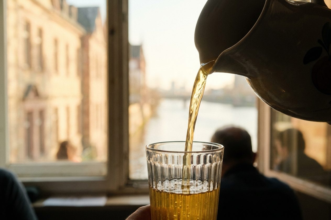 Apfelwein wird ins Gerippte eingeschenkt, der goldgelbe Strahl leuchtet im Gegenlicht des Küchenfensters.