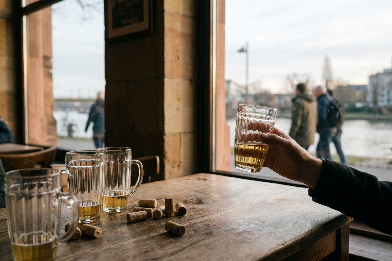 Nach der Verkostung stehen halb geleerte Gerippte und Korken auf dem Tisch, ein Glas ist ins warme Seitenlicht gehoben.