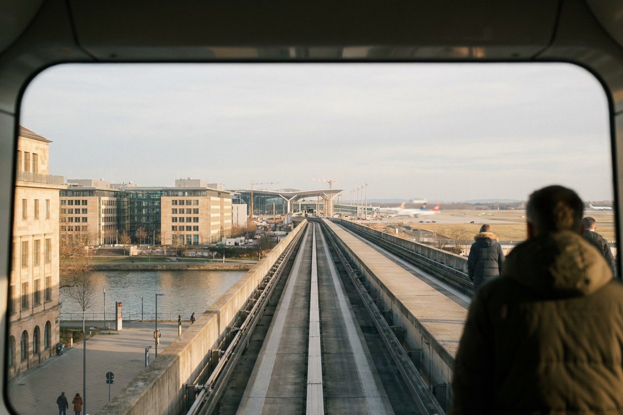 Blick durch die Frontscheibe der fahrerlosen Sky-Line-Bahn auf die Trasse Richtung Terminal 3, das Rollfeld liegt im Gegenlicht.
