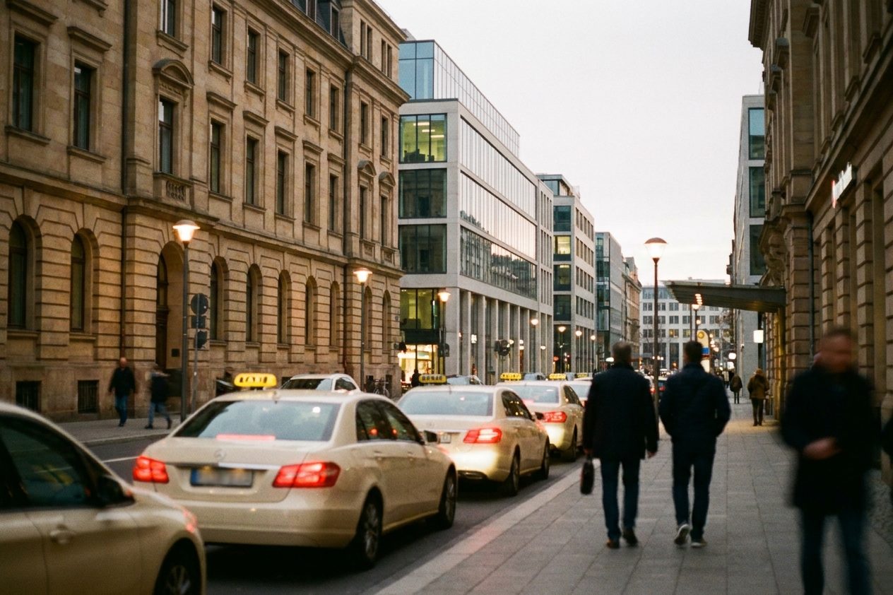 Taxis in Reihe an der Terminalvorfahrt, die Bremslichter leuchten in der Abenddämmerung.
