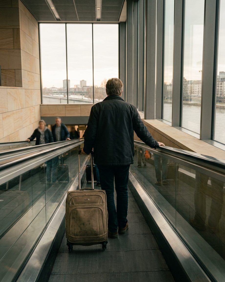 Ein Rollkoffer und Hände am Handlauf einer langen Rolltreppe im neuen Terminal, von hinten aufgenommen, Hochformat.