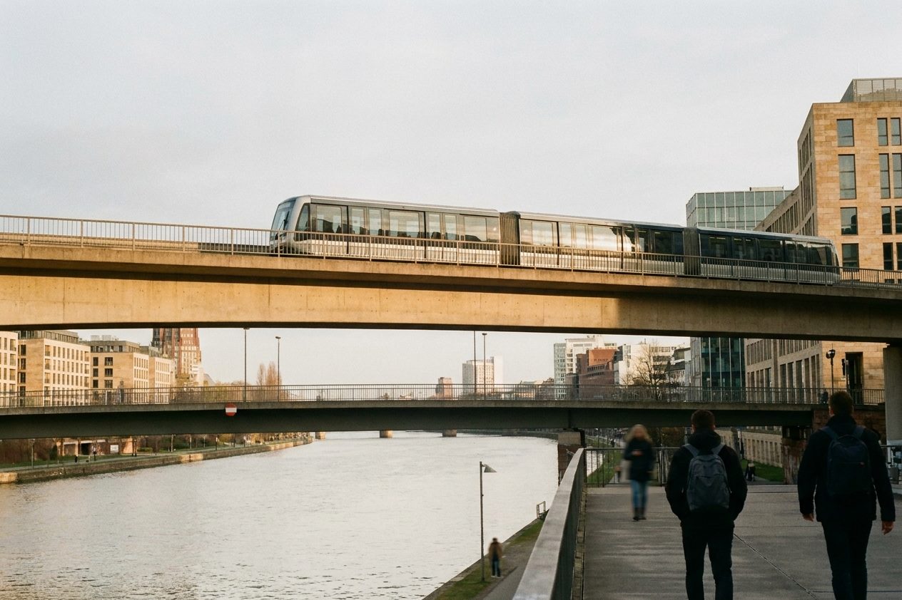 Die fahrerlose Sky-Line-Hochbahn auf ihrer Trasse zwischen den Terminals vor tiefstehender Sonne.