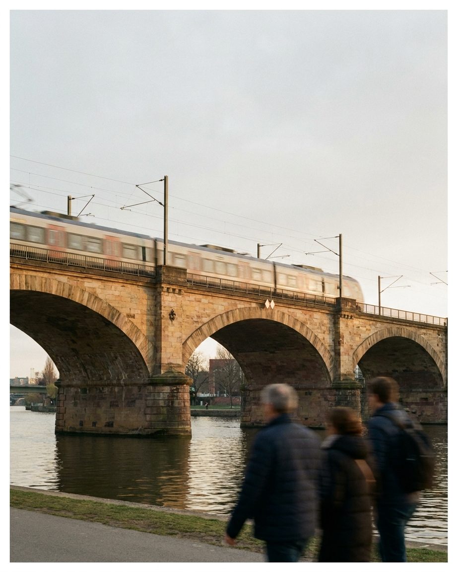 Das Viadukt der fahrerlosen Terminalbahn vor blauem Himmel, ein Zug als Bewegungsunschärfe.