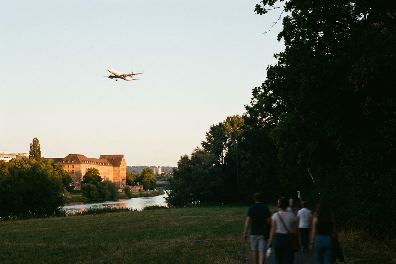 Blick von einem Feldrand am Stadtwald auf ein startendes Flugzeug über den Baumkronen im Abendlicht.