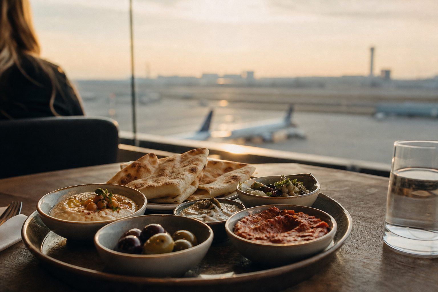 Ein Tablett mit Mezze-Schälchen und Fladenbrot auf einem Tisch, dahinter unscharf der Blick aufs Rollfeld.