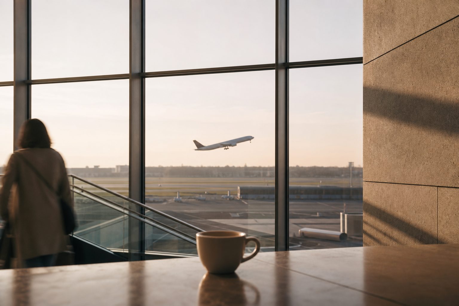Ein startendes Flugzeug hinter der Fensterfront, im Vordergrund steht ein Kaffeebecher auf dem Tresen.