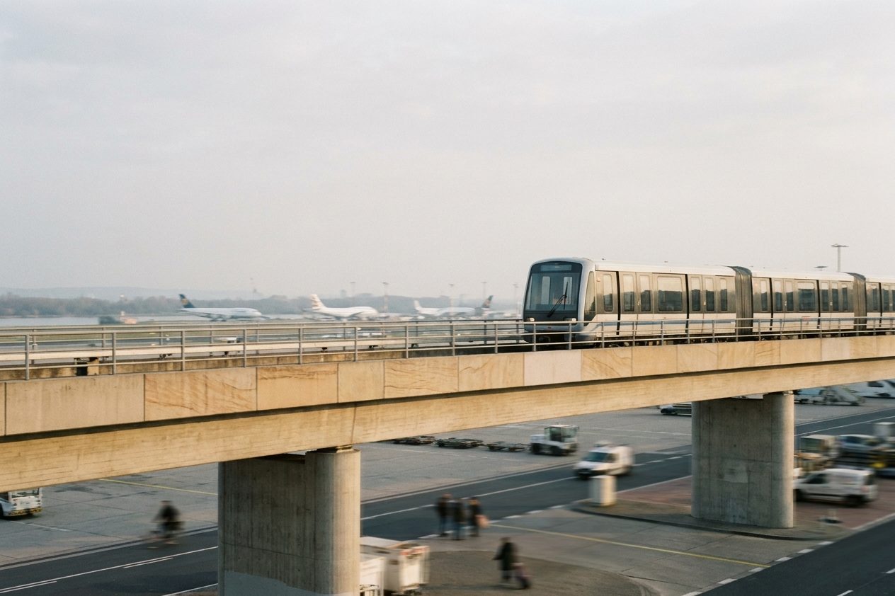 Die fahrerlose Sky-Line-Bahn auf ihrer aufgeständerten Trasse vor dem Vorfeld, im Hintergrund abgestellte Flugzeuge im Dunst.