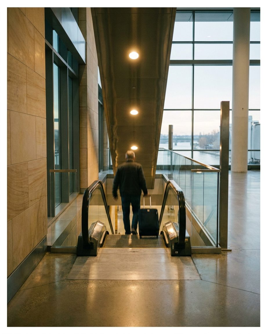 Rolltreppe im neuen Terminal 3 von oben fotografiert, ein einzelner Reisender mit Rollkoffer von hinten im warmen Kunstlicht.