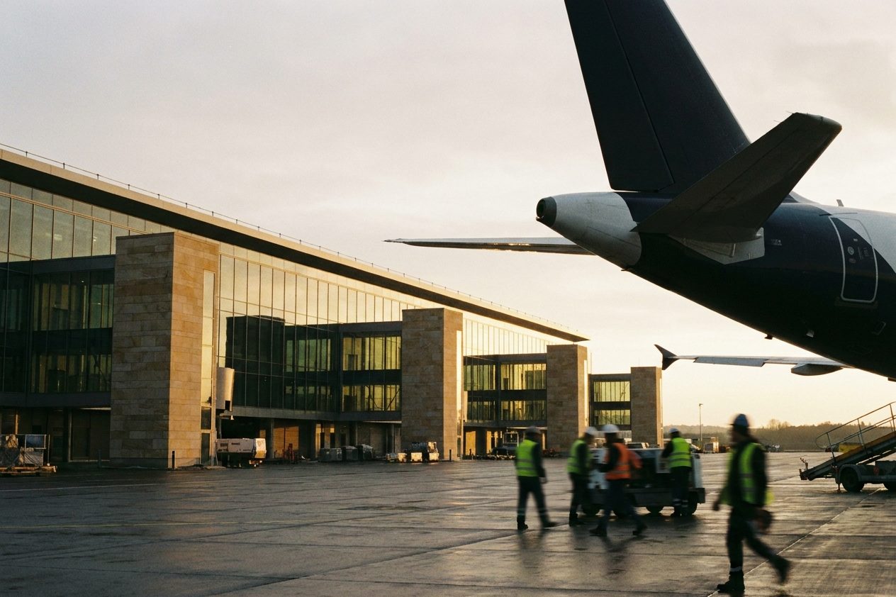Flugzeugheck an einem Gate des neuen Piers im Abendlicht, Bodenpersonal als Silhouetten auf dem Vorfeld.