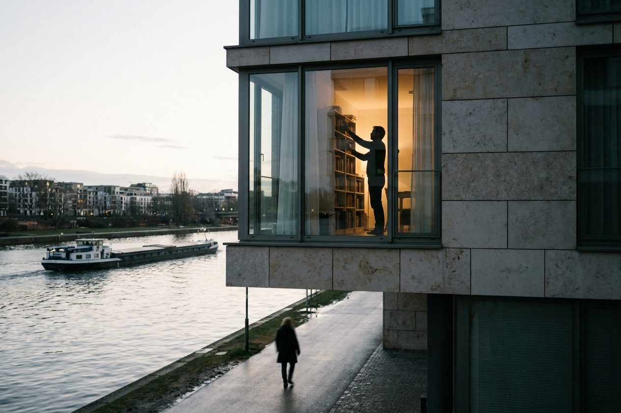 Ein erleuchtetes Wohnungsfenster in der Abenddämmerung, eine Silhouette räumt Regale ein.