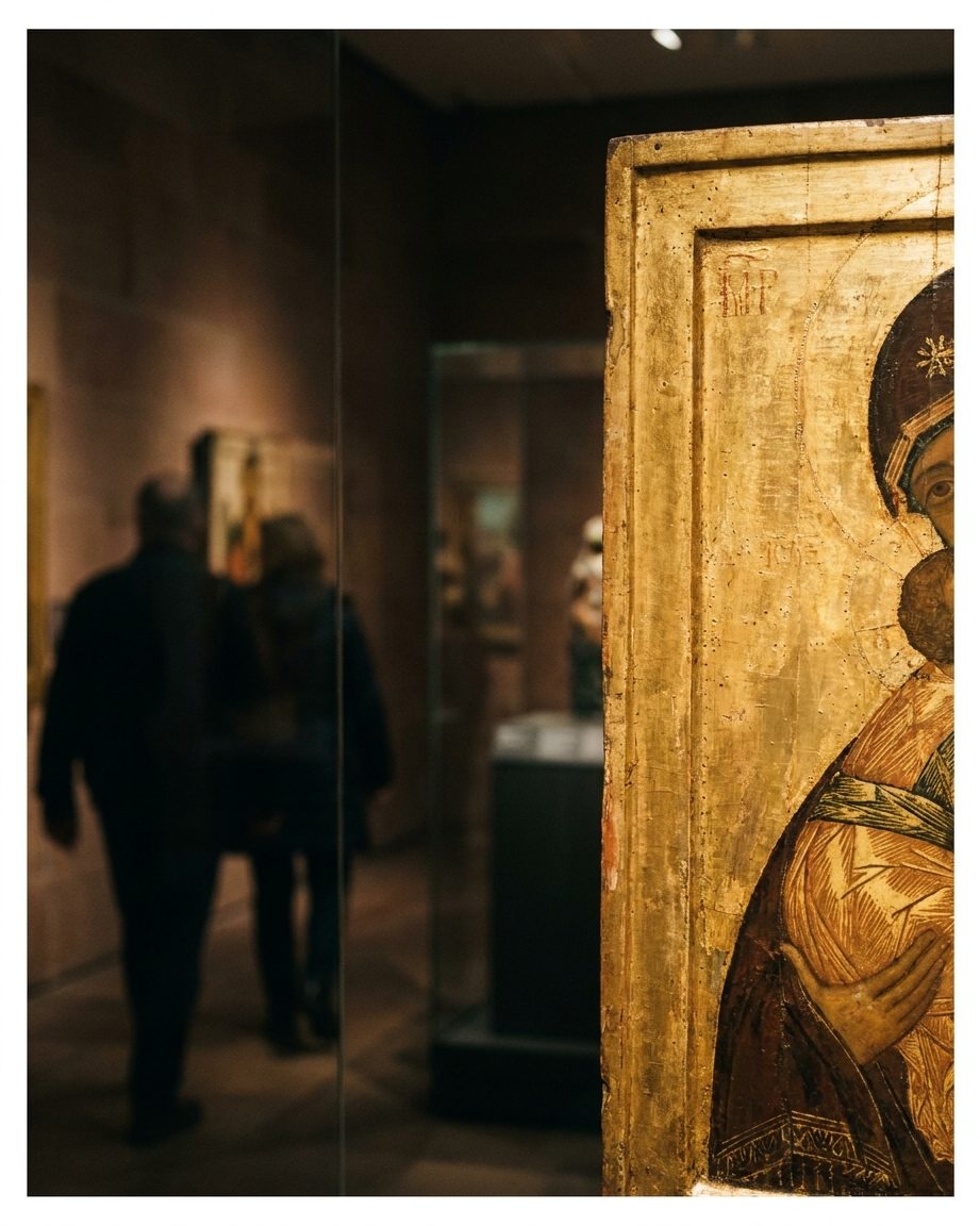 Eine goldglänzende Ikone im abgedunkelten Ausstellungsraum, hochformatige Nahaufnahme.