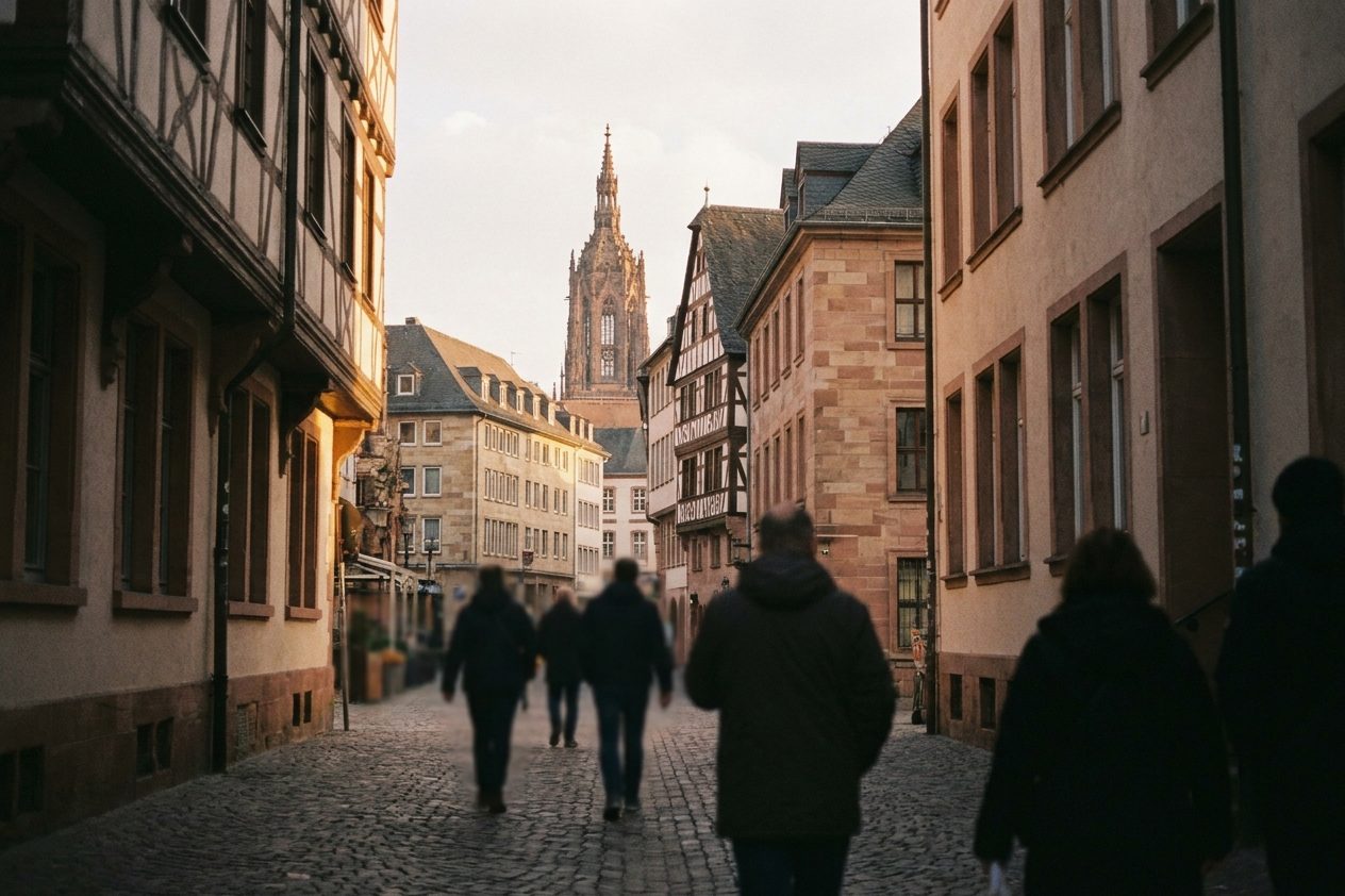 Fachwerkgiebel der Neuen Altstadt im warmen Abendlicht, eine Gasse führt auf den Domturm zu.