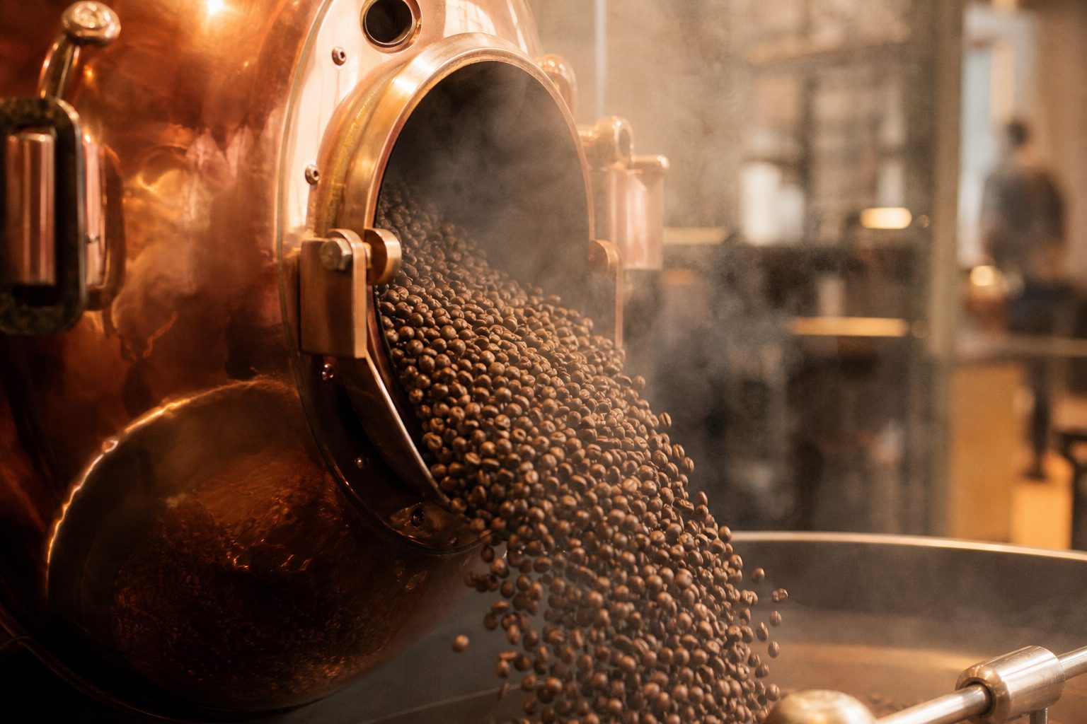 Kupferglänzende Rösttrommel, aus der dampfende, frisch geröstete Kaffeebohnen in das Kühlsieb fallen.