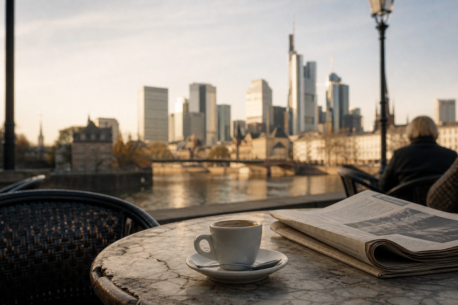Espressotasse mit Untertasse auf einem abgewetzten Marmortisch neben einer gefalteten Zeitung.