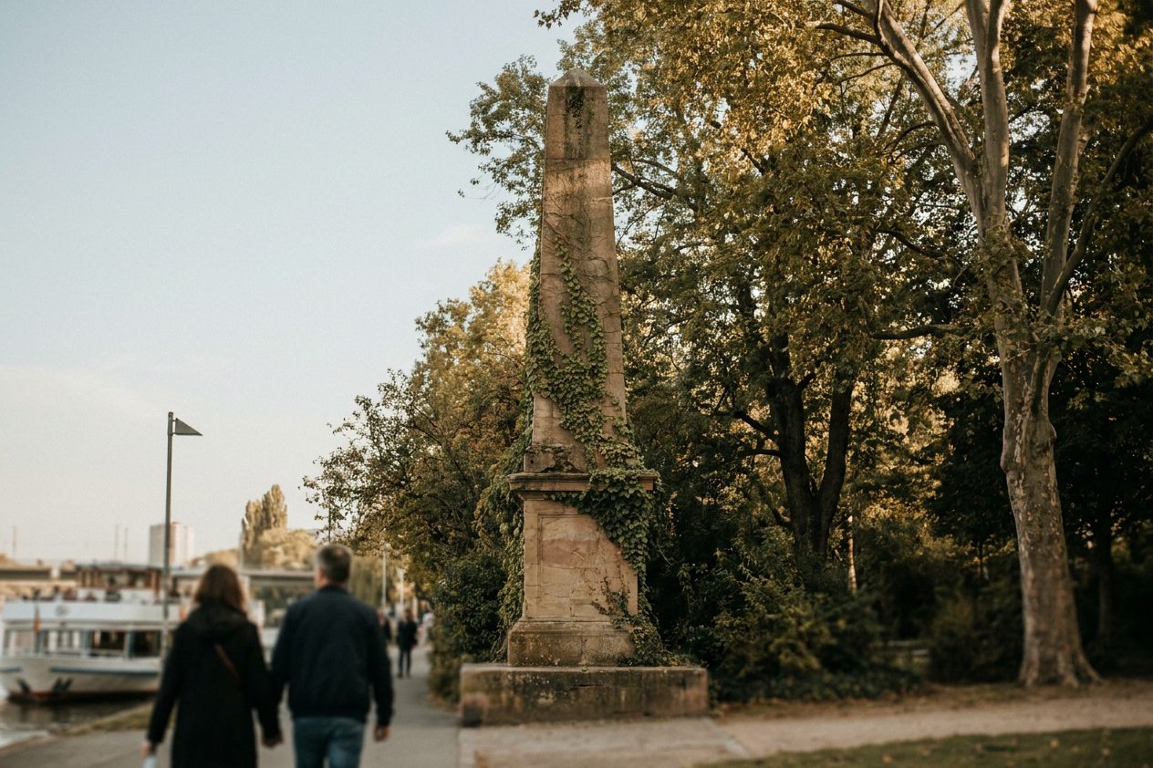 Alter steinerner Denkmalsockel mit Efeu, dahinter mächtige alte Bäume in einer Parkanlage