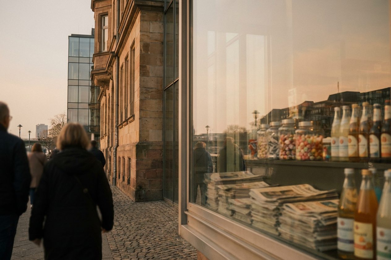 Das Auslagefenster eines Wasserhäuschens mit Süßigkeitengläsern, Zeitungsstapeln und Getränkeflaschen, die Markennamen unscharf.