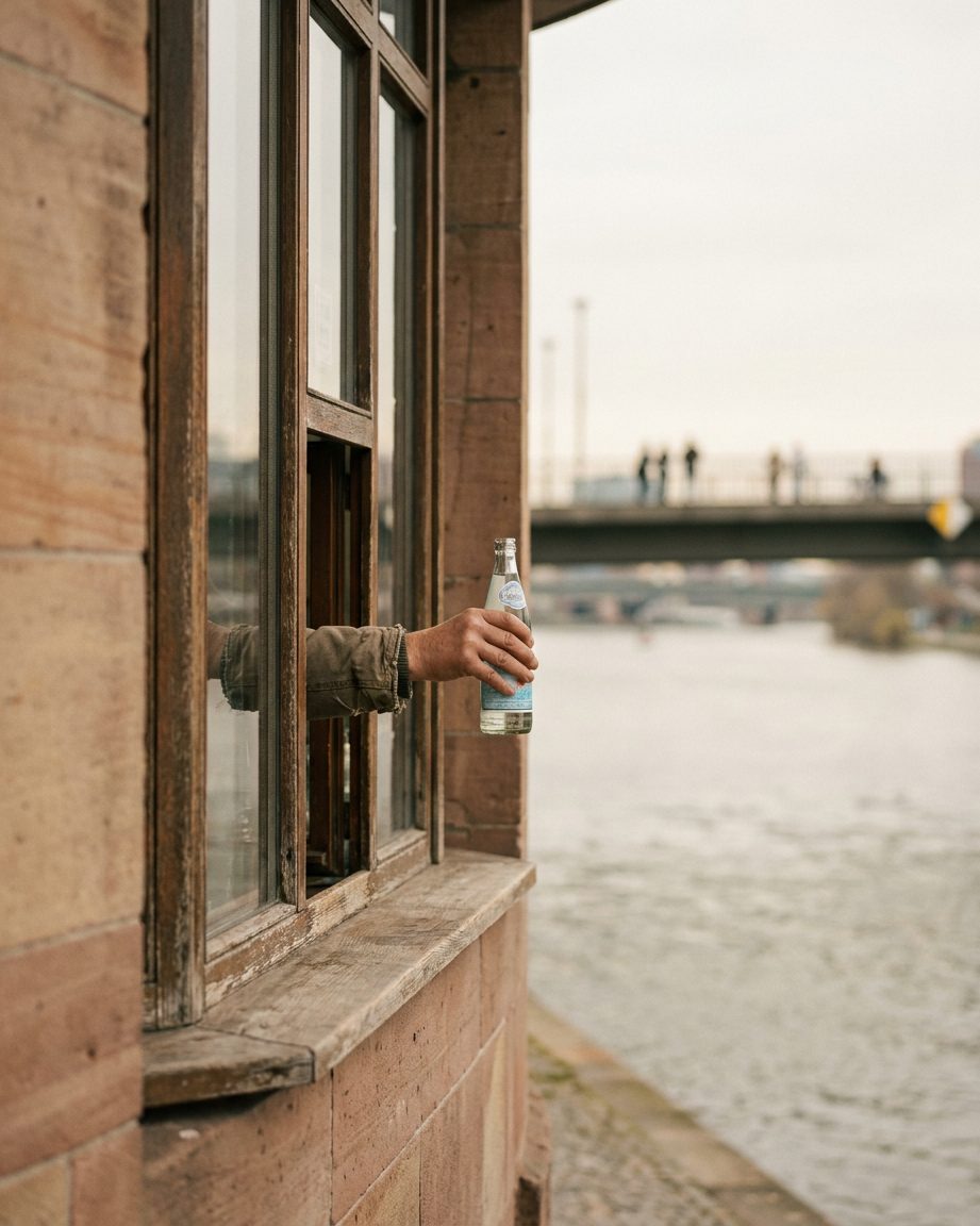 Eine Hand reicht eine Sprudelflasche durch das geöffnete Kioskfenster, im Innern warmes Licht, keine Gesichter zu sehen.