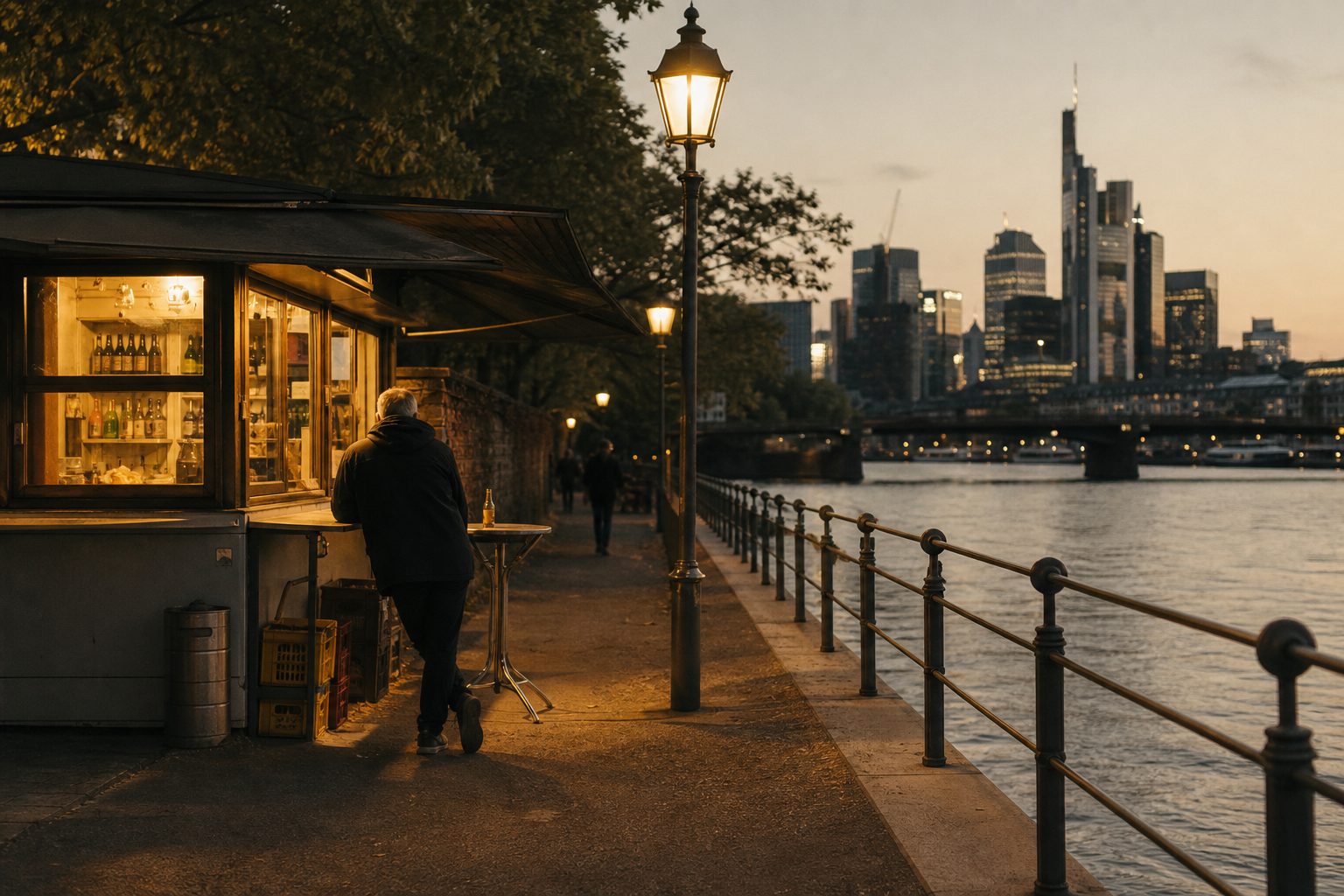 Später Abend am Kiosk: Ein letzter Gast lehnt am Klapptisch unter einer Straßenlaterne, das Büdchen leuchtet warm.