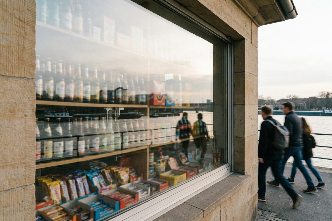 Das Fenster eines Kiosks mit dicht gefüllten Regalen voller Flaschen und Süßigkeiten, die Beschriftungen verschwimmen.