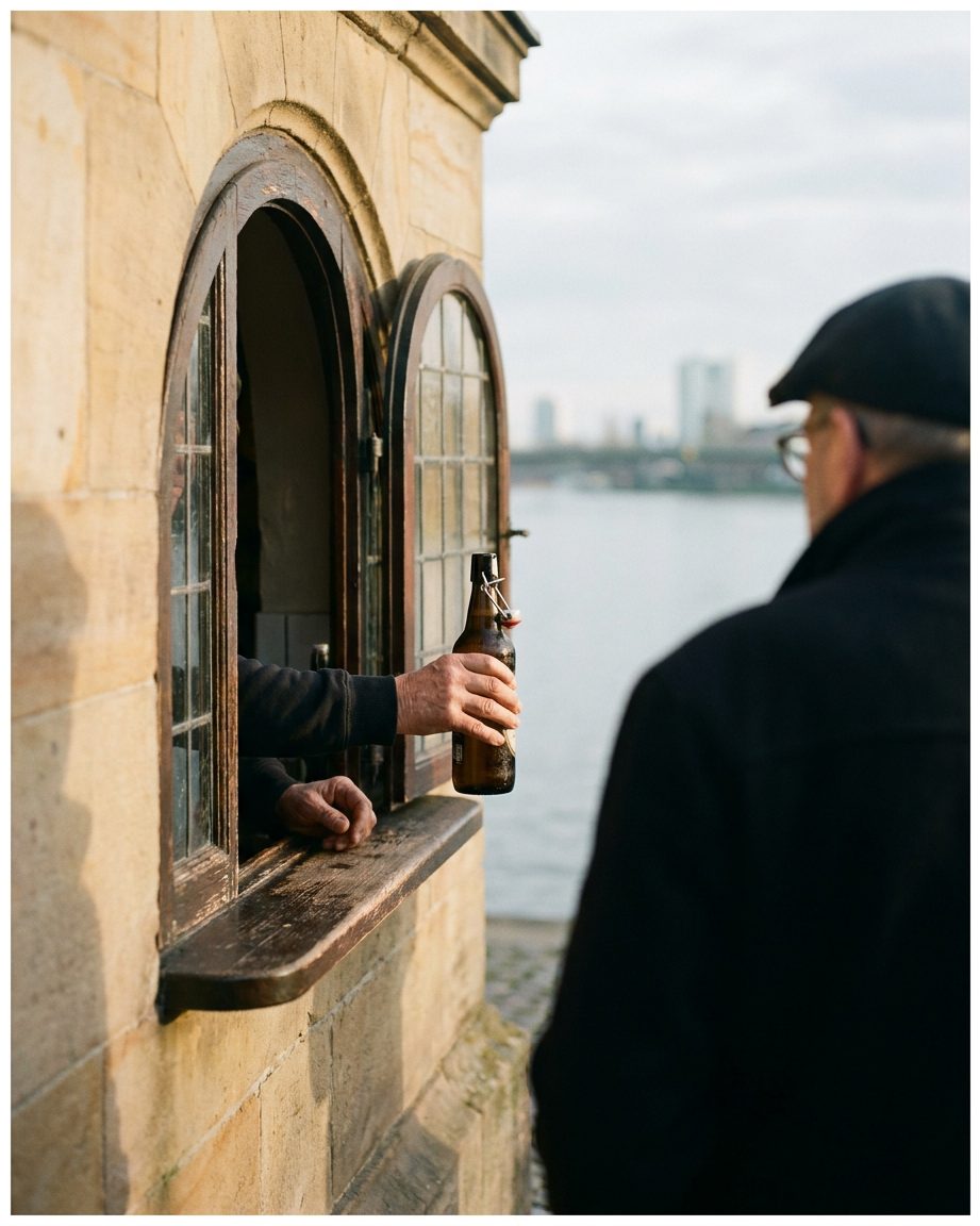 Hände reichen eine beschlagene Flasche durch das Ausgabefenster eines Wasserhäuschens nach draußen.