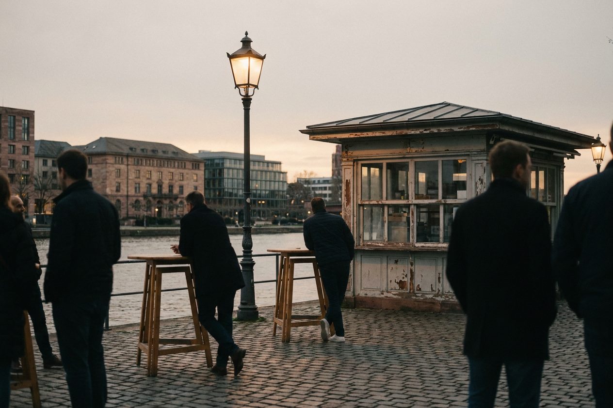 Feierabendszene mit Silhouetten an Stehtischen unter einer Straßenlaterne vor dem beleuchteten Büdchen.
