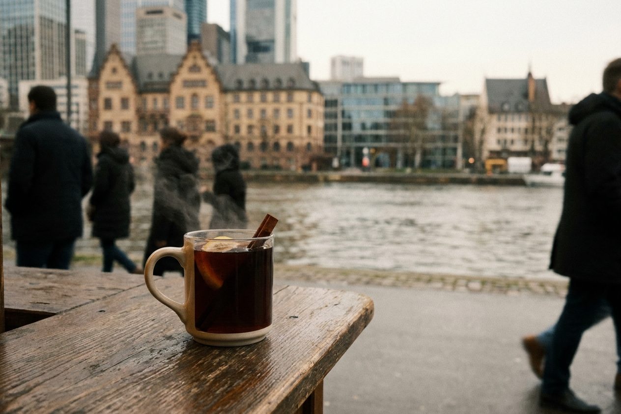 Ein dampfender Becher heißer Apfelwein mit Zimtstange und Zitronenscheibe auf der Holztheke eines Weihnachtsmarktstands.