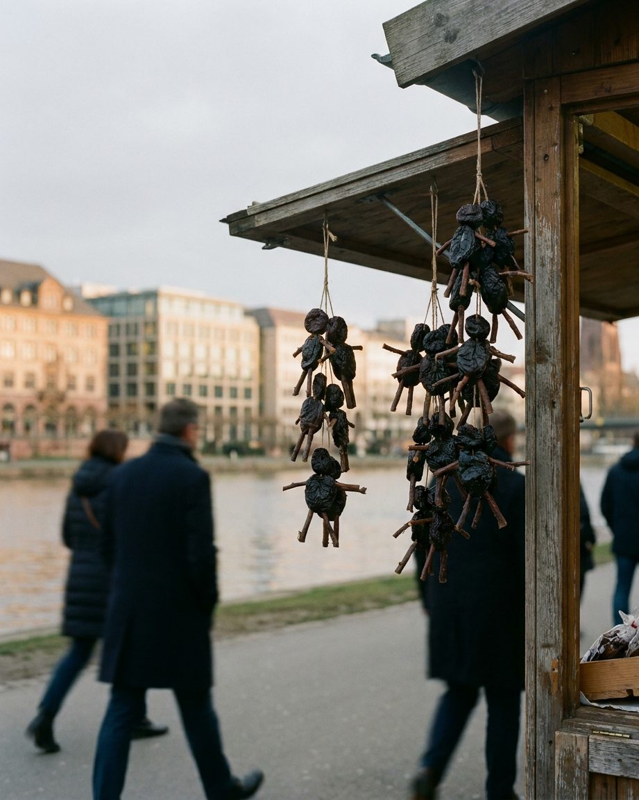 Ein Marktstand mit dicht hängenden Quetschemännchen, kleinen Figuren aus Trockenpflaumen und Nüssen, im warmen Budenlicht.