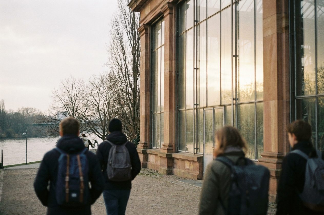 Das gläserne Palmenhaus im Palmengarten von außen, die Scheiben glänzen in der Vormittagssonne.