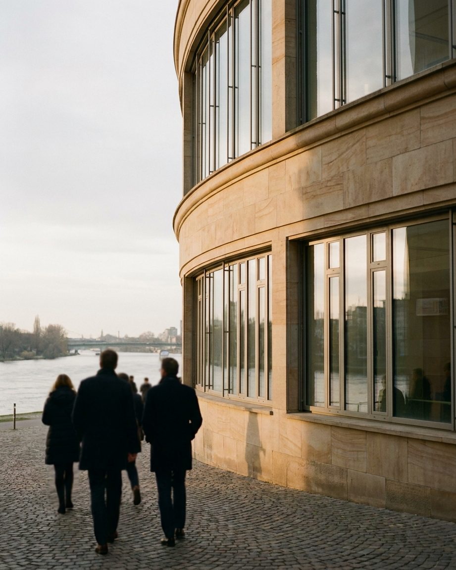 Die geschwungene Sandsteinfassade des IG-Farben-Hauses im Hochformat, vom Streiflicht modelliert.