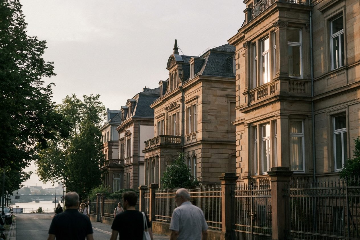 Villenstraße mit schmiedeeisernen Zäunen und altem Baumbestand in der tiefen Abendsonne.