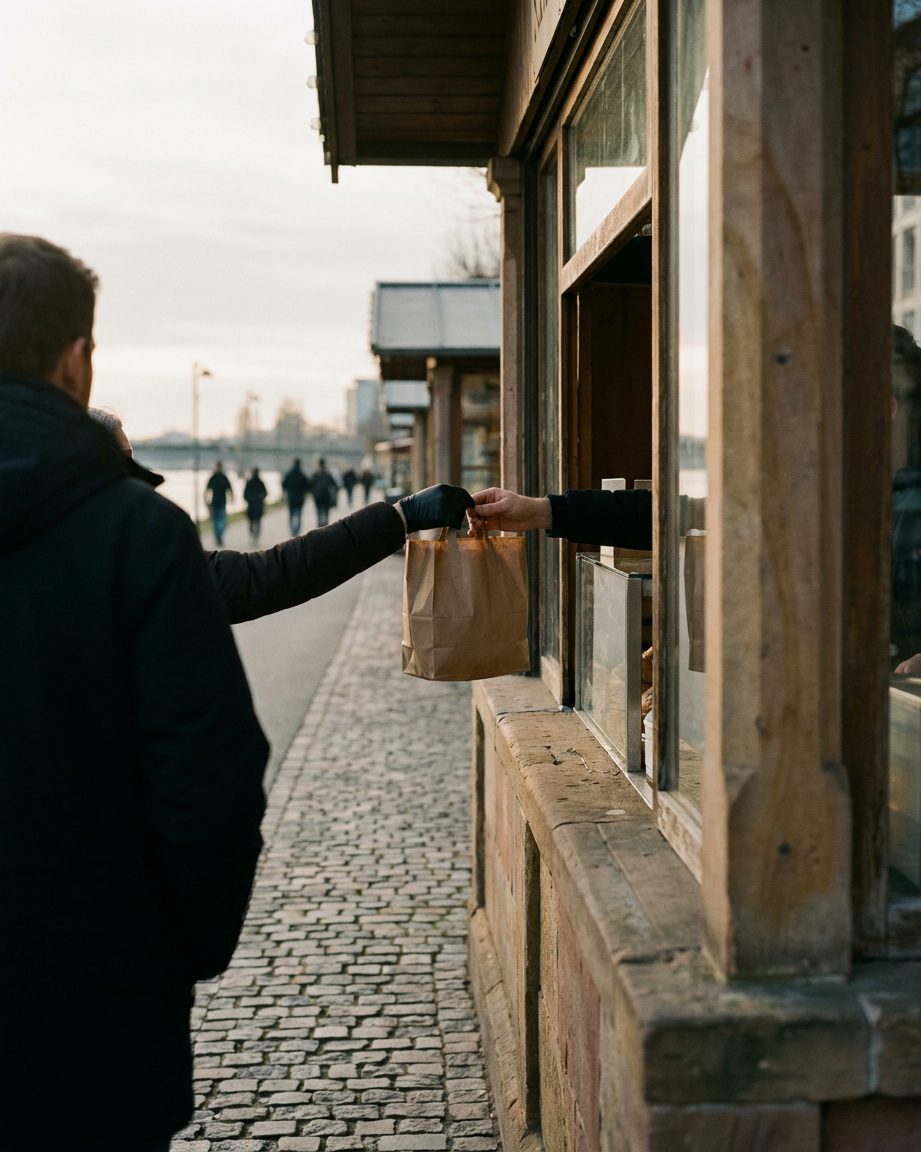 Eine Hand reicht eine gefüllte Papiertüte über die Theke eines Marktstands, im Hintergrund unscharf Gemüsekisten.