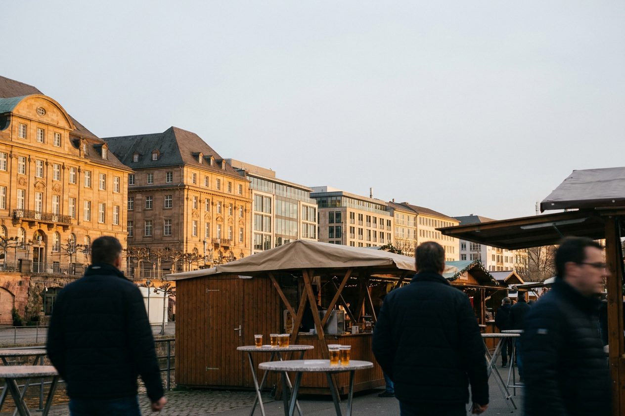 Abendszene zwischen Marktständen: Stehtische mit gerippten Apfelweingläsern, Menschen unscharf von hinten im warmen Licht.