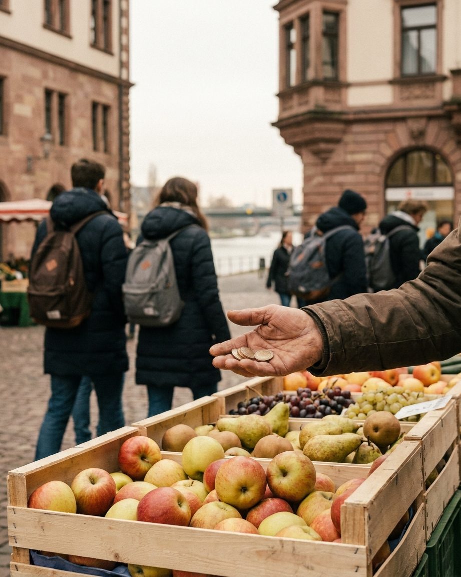 Eine Hand reicht Wechselgeld über eine voll gepackte Obstkiste hinweg.
