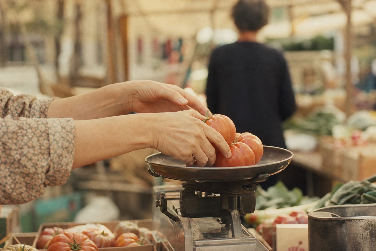 Hände legen Tomaten auf eine altmodische Waagschale, dahinter unscharf der Marktstand.