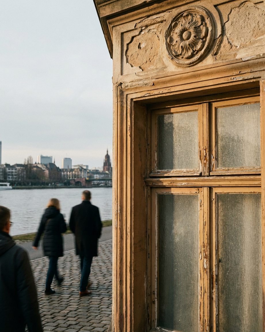Detail einer Stuckrosette und eines alten Kastenfensters mit abblätternder Farbe im Streiflicht.