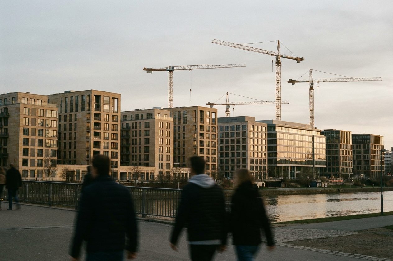 Baukräne über den Neubaublöcken des Europaviertels in der Abenddämmerung.