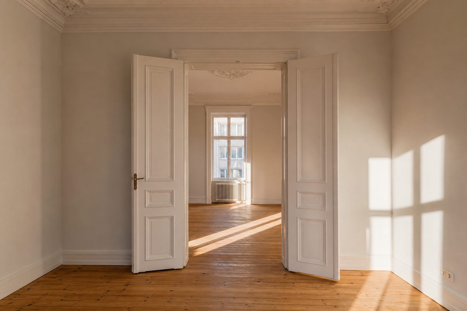Leeres, frisch gestrichenes Altbauzimmer mit Flügeltür und Stuckdecke, Abendsonne liegt auf den Dielen.
