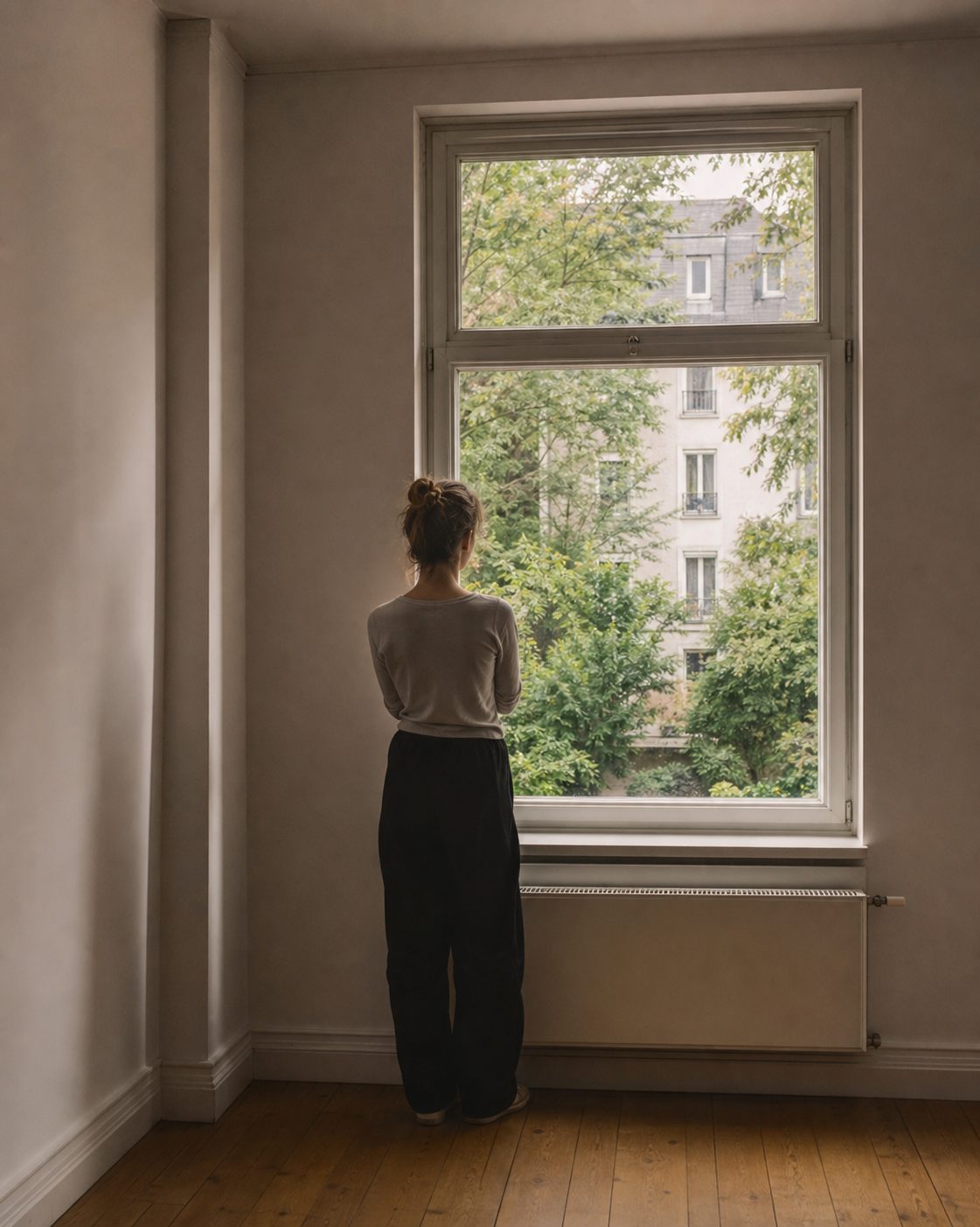 Eine Person steht mit dem Rücken zur Kamera am Fenster einer leeren Wohnung und blickt in einen begrünten Hinterhof.
