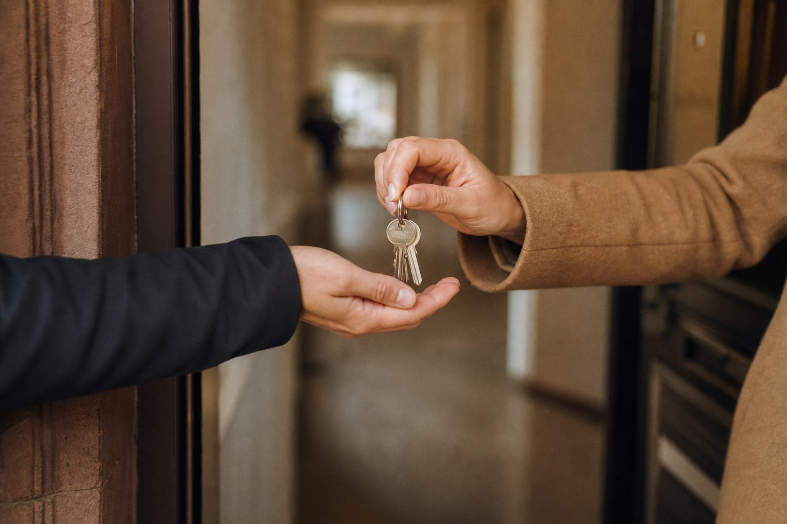 Nahaufnahme einer Schlüsselübergabe: Zwei Hände über einer Türschwelle, dahinter ein unscharfer Wohnungsflur.