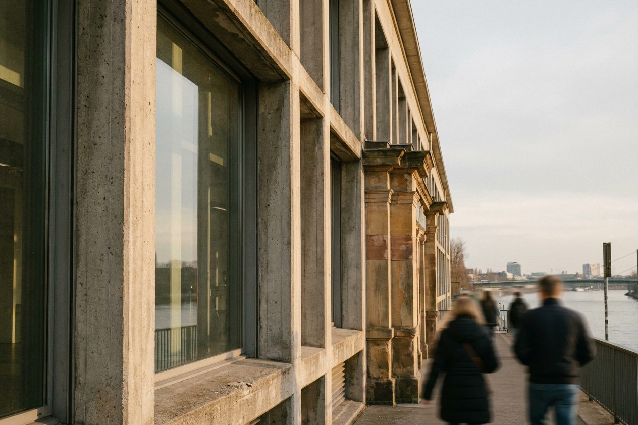 Detail der denkmalgeschützten Betonraster-Fassade der Großmarkthalle im streifenden Seitenlicht.