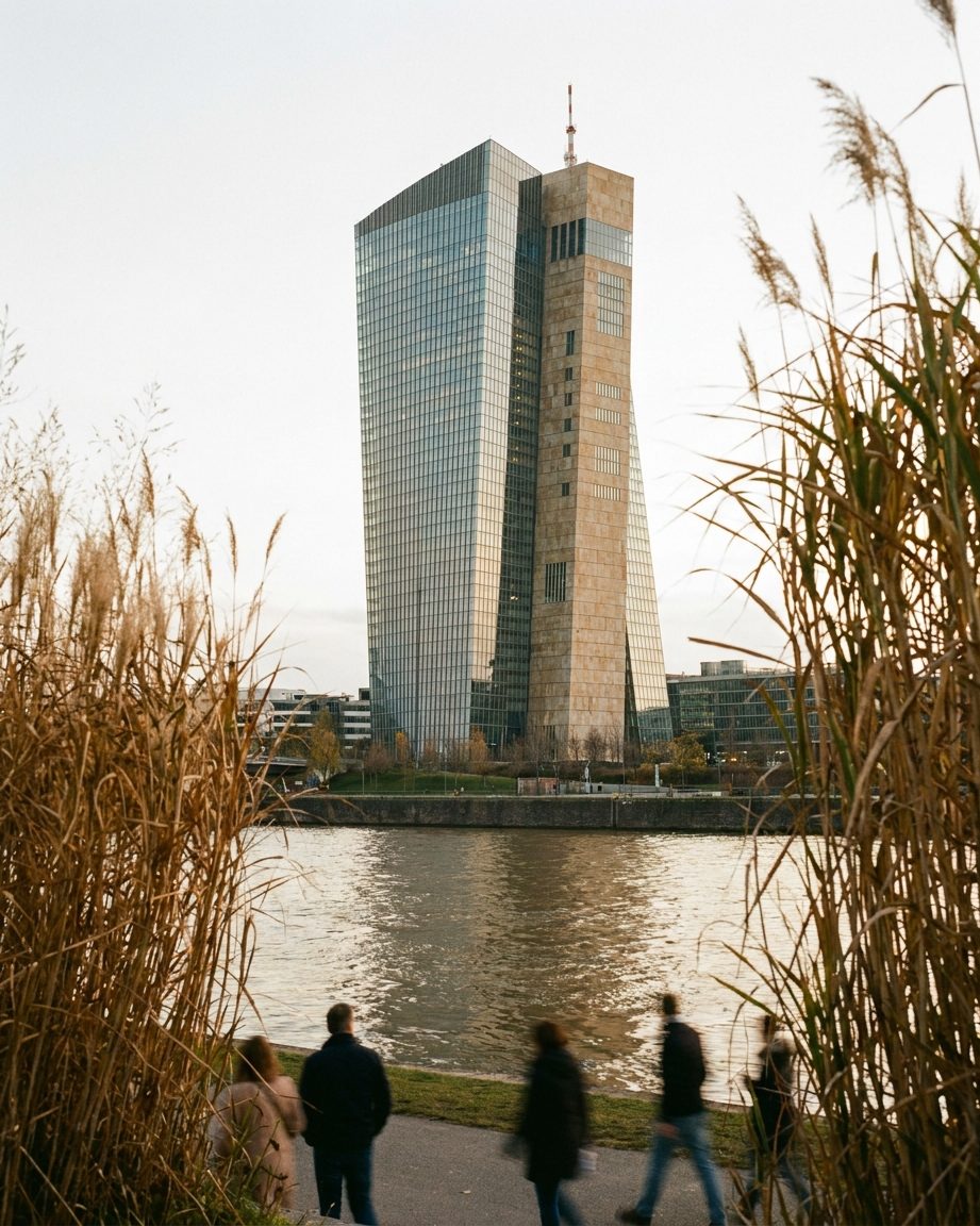 Der EZB-Turm hochkant durch hohe Ufergräser des Hafenparks fotografiert.
