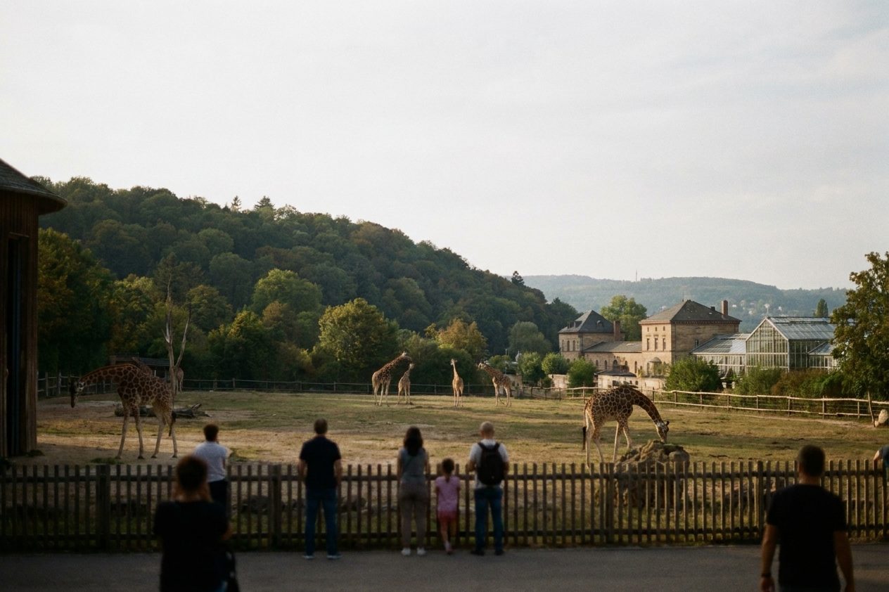 Giraffen in einem weitläufigen Freigehege des Opel-Zoos vor bewaldetem Taunushang, Besucher stehen klein am Zaun im Gegenlicht.
