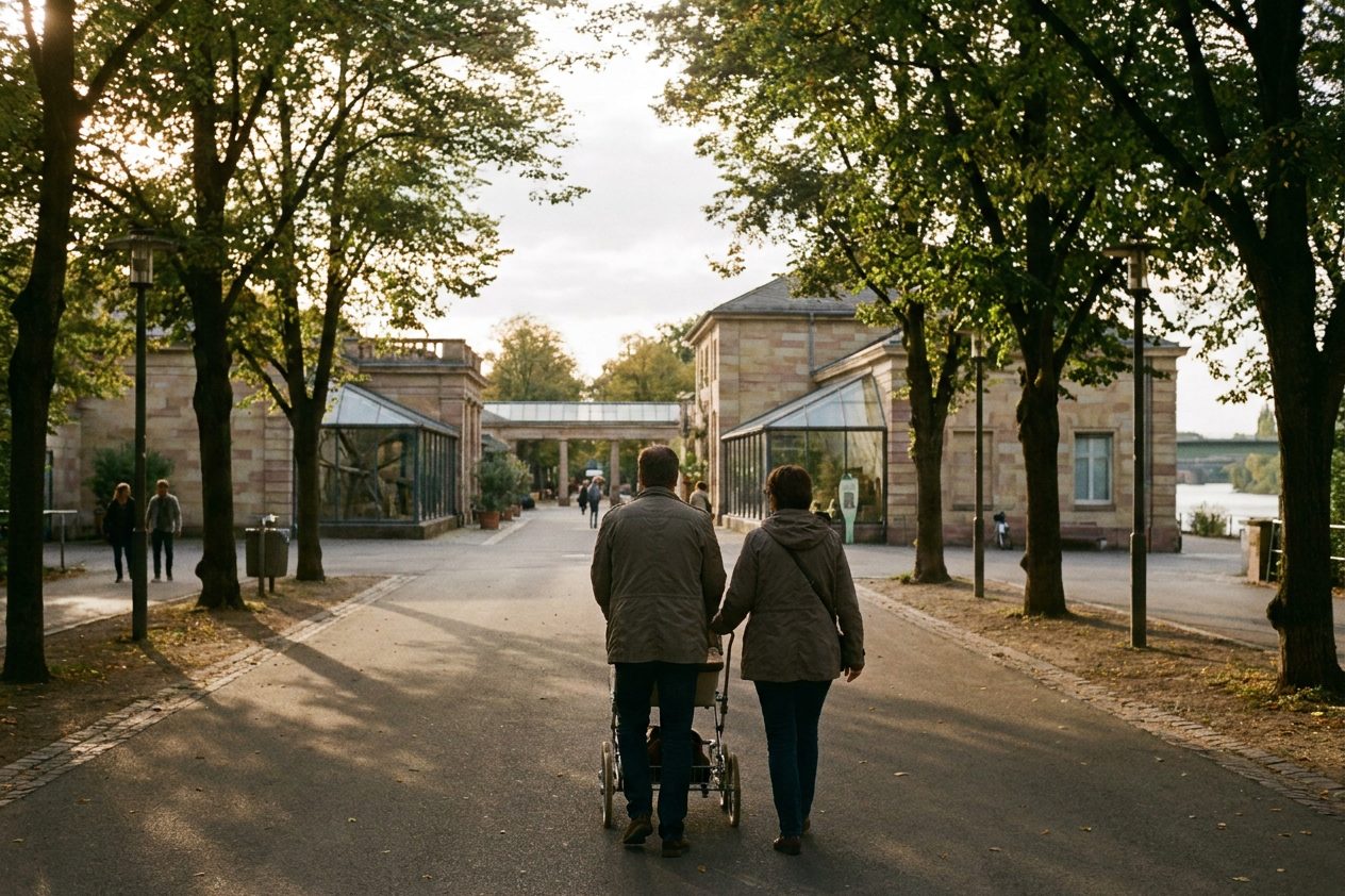Eltern schieben einen Kinderwagen eine baumgesäumte Allee im Zoo entlang, von hinten im warmen Abendlicht fotografiert.